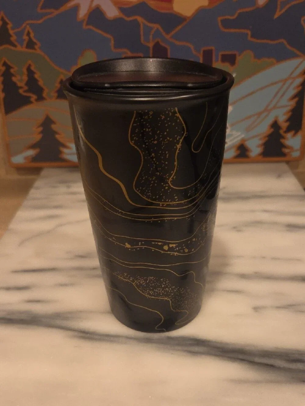 Starbucks Ceramic Black and Gold Patterned Travel Mug